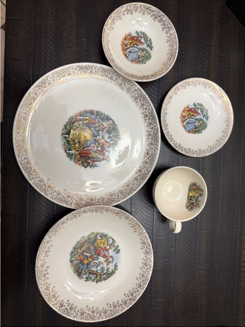 Vintage-Inspired Cream Dinnerware Set with Pastoral Scene - 5 Piece - serves 8